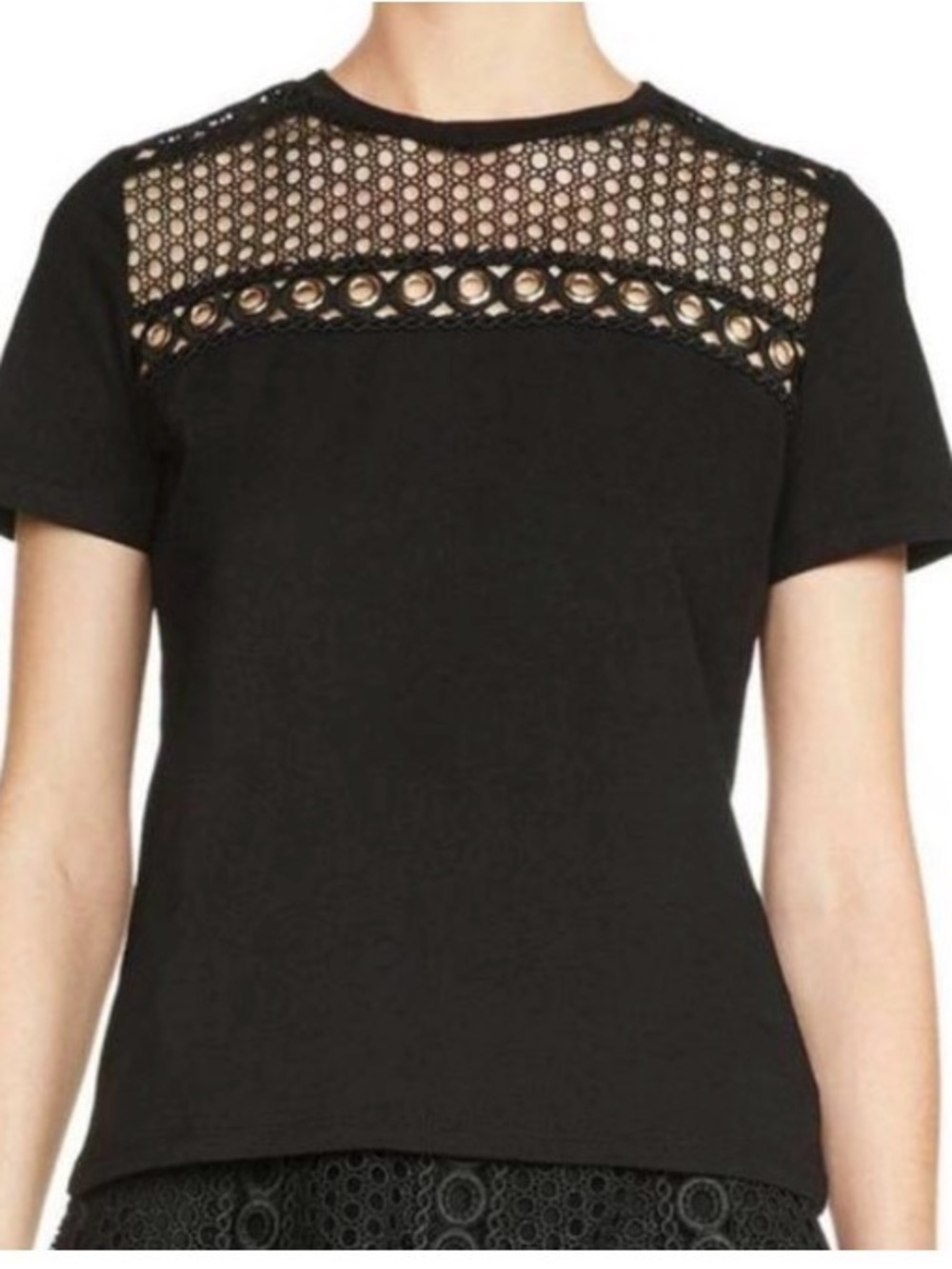 Maje Black Short-Sleeve Top with Eyelet Lace Yoke